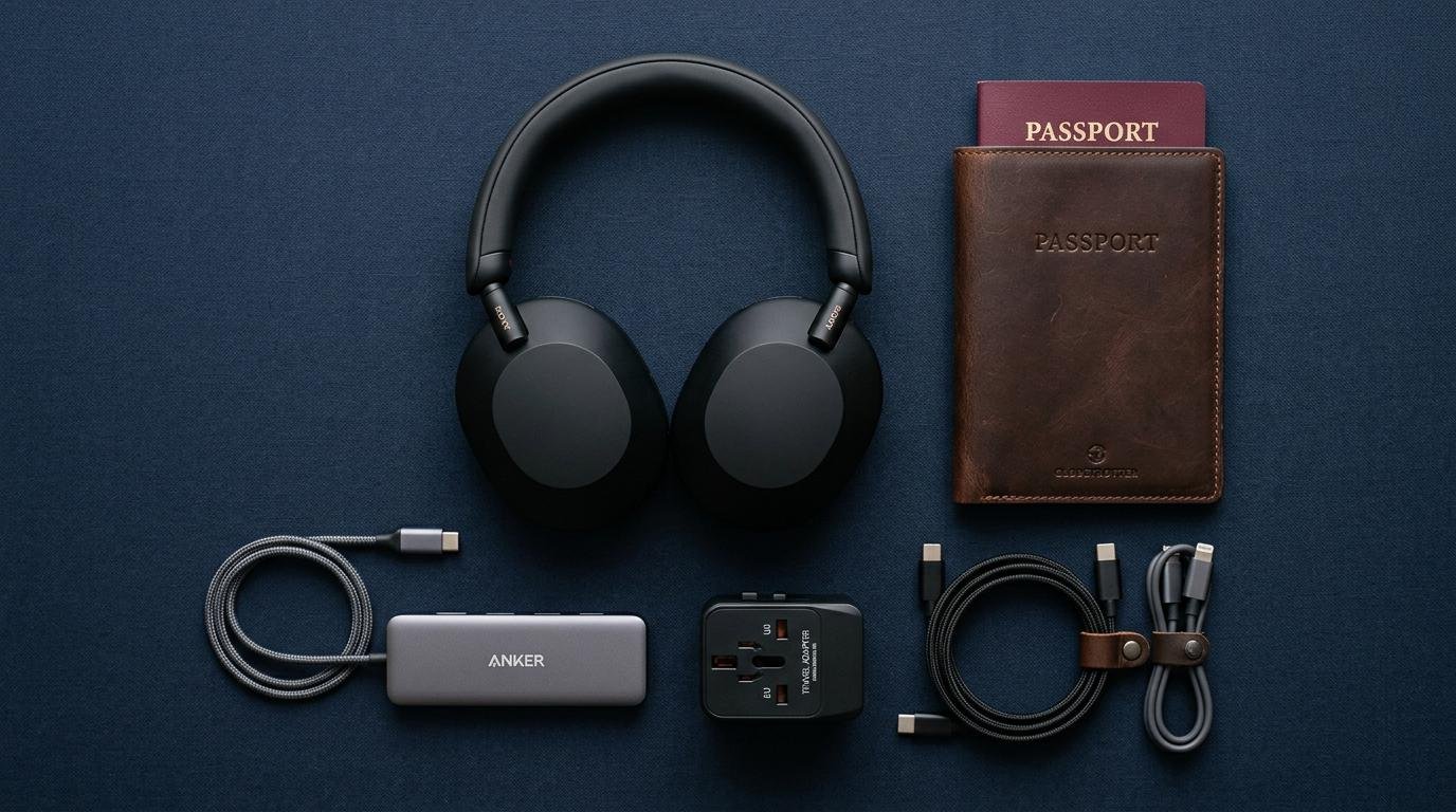 Flat lay of premium travel gear